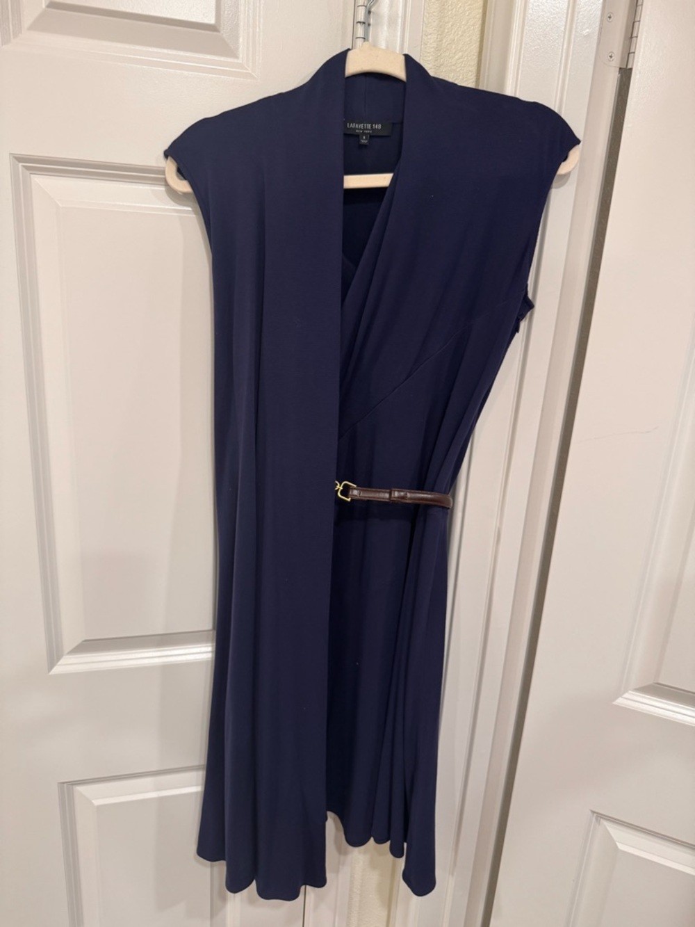 Lafayette 148 New York Navy Sleeveless Wrap Midi Dress
